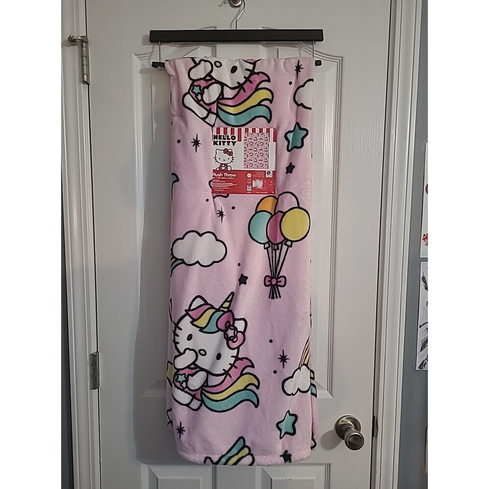 Sanrio Hello Kitty 50x70 Pink Unicorn Balloons Rainbows Clouds Throw Blanket New